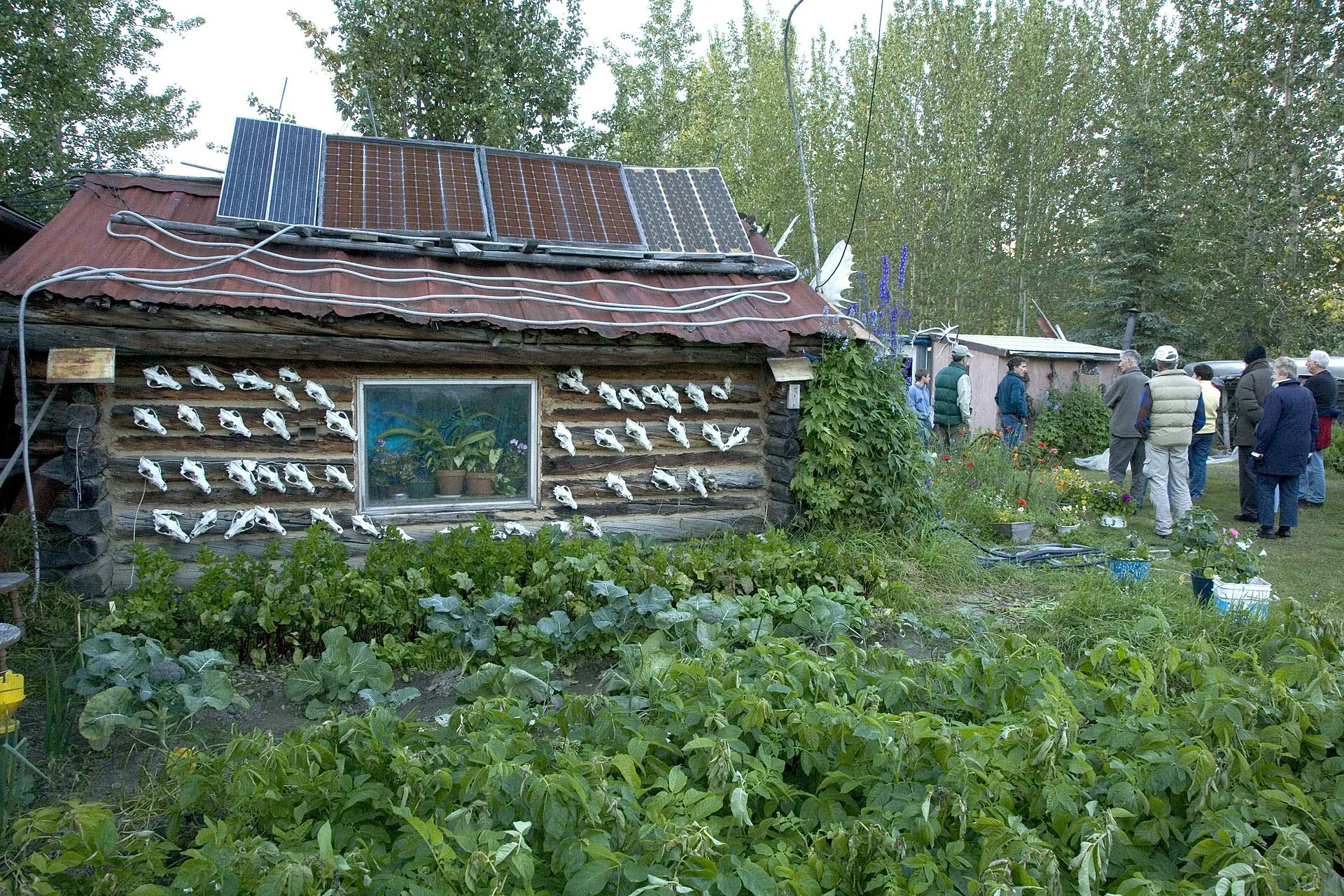 Cabane en rondins dans un jardin potager, avec des panneaux solaires sur le toit