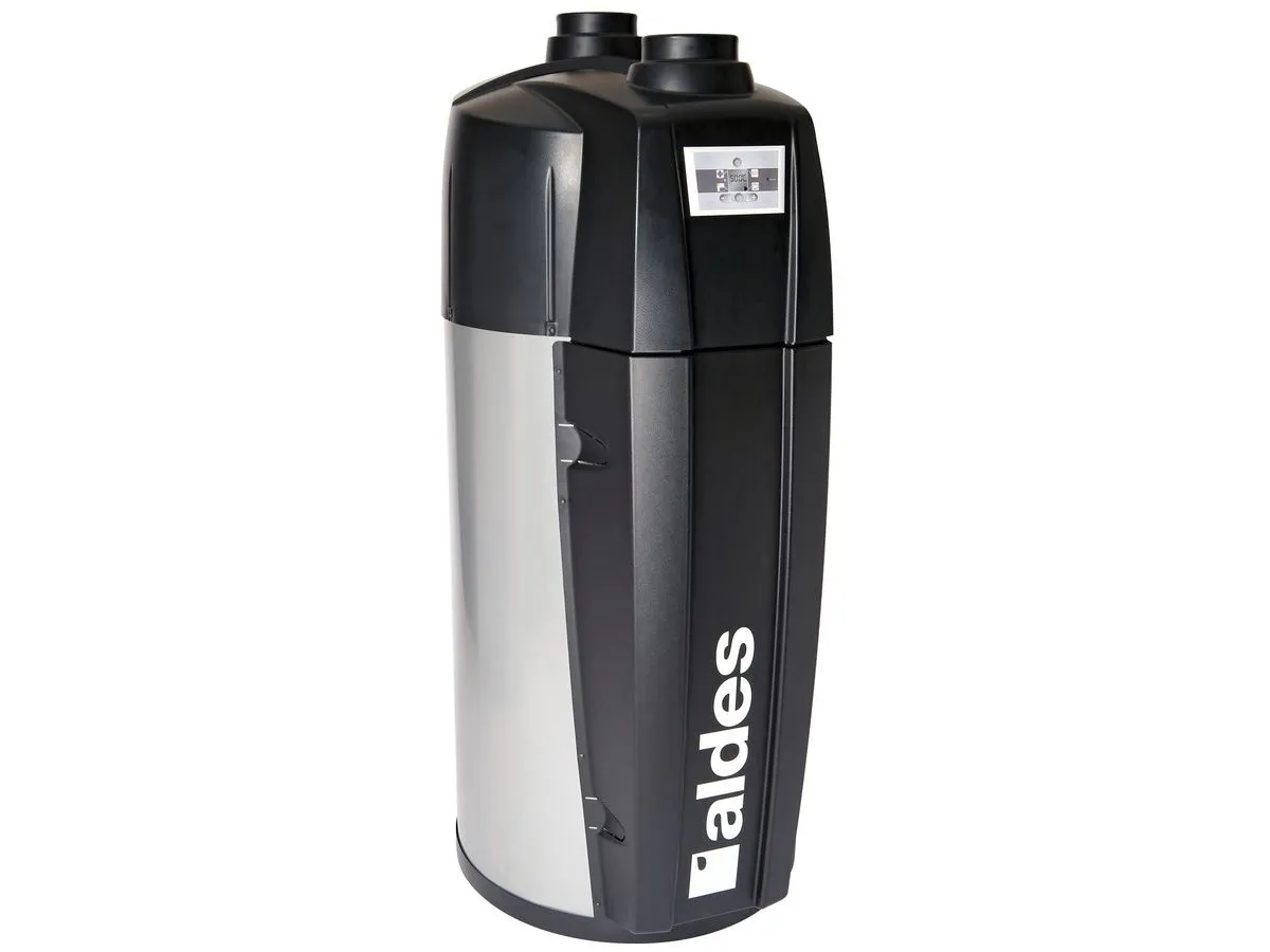 Chauffe-eau thermodynamique vertical noir et gris, avec la pompe à chaleur intégrée en haut du ballon