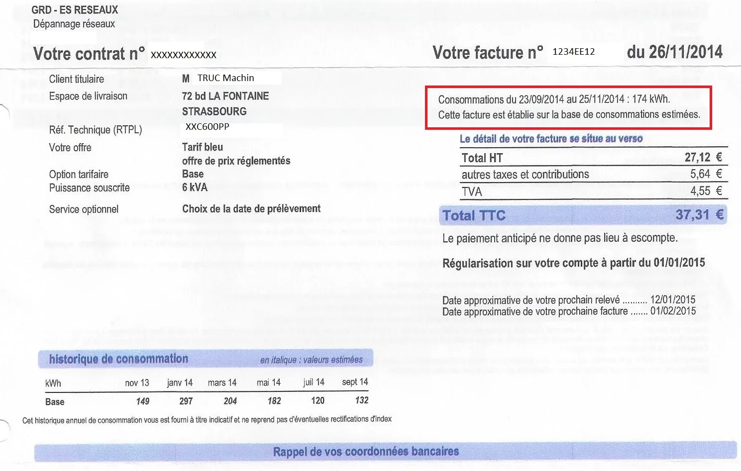 Exemple de facture d’électricité au Tarif Bleu, option Base 6 kVA, avec le détail HT, taxes et TVA