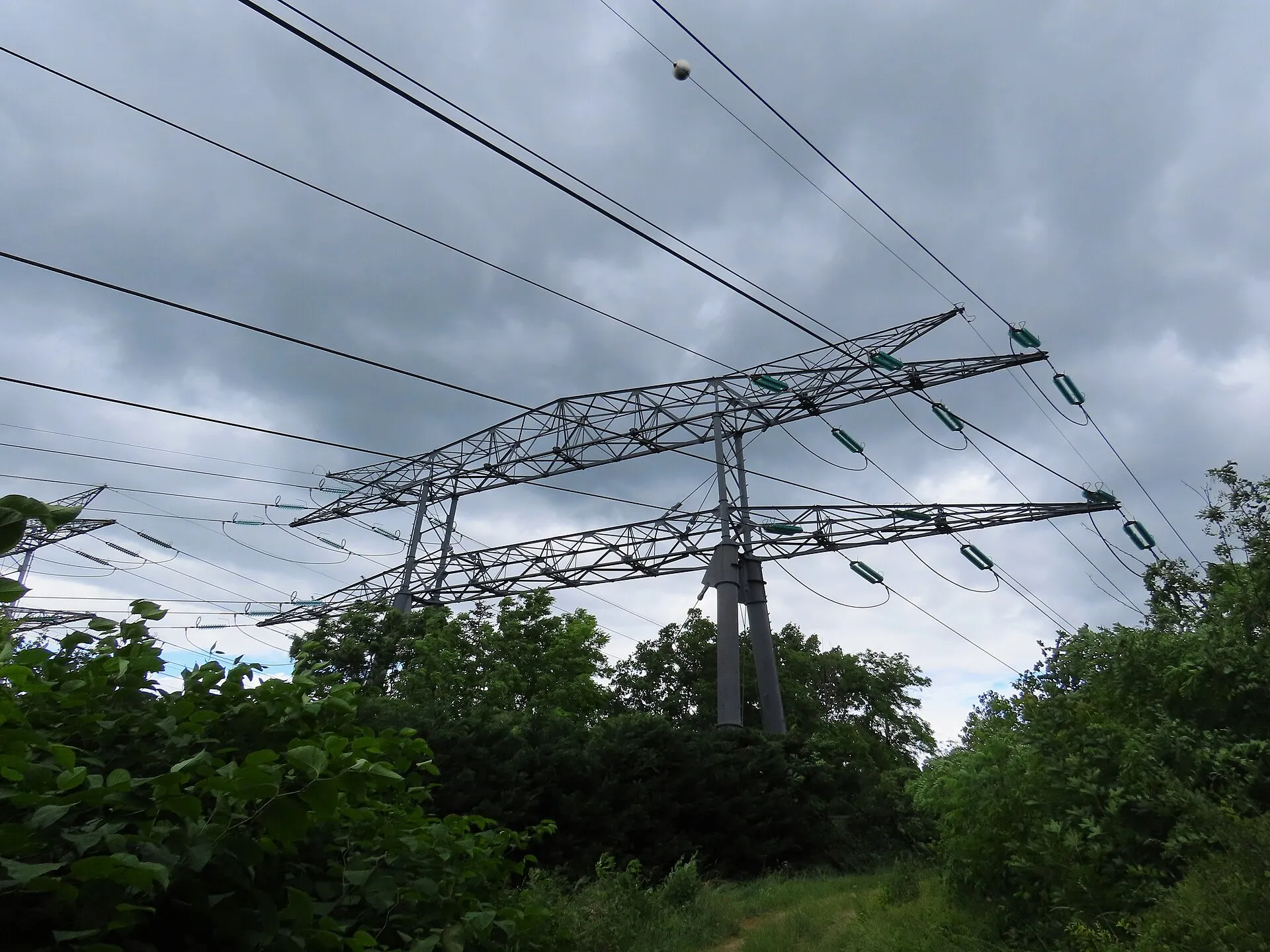Pylône et lignes électriques à haute tension sous un ciel nuageux, au-dessus d'arbres